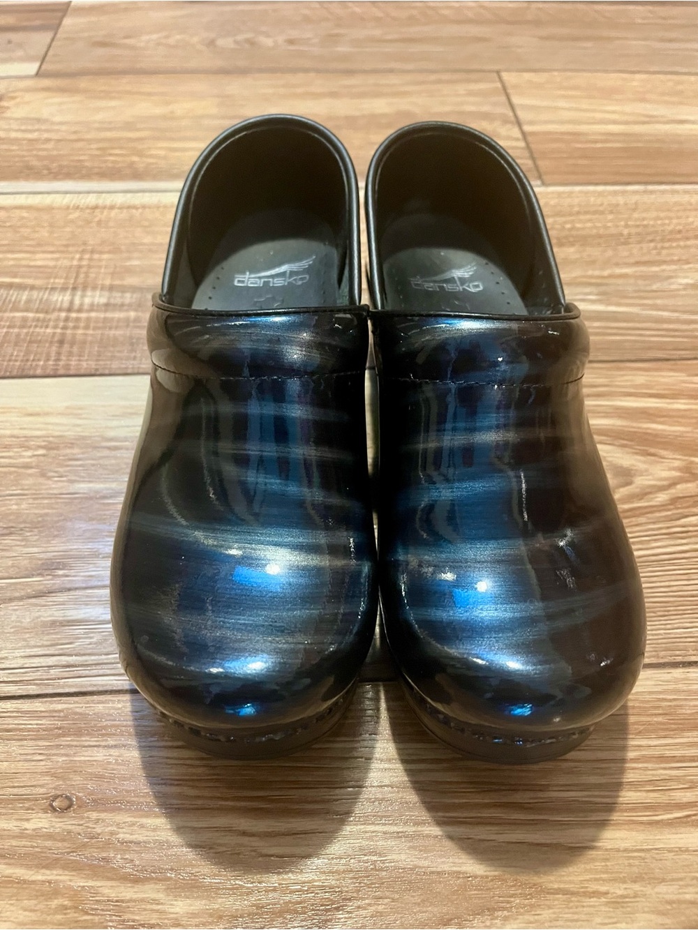 Dansko Muti-Colored Metallic Striped Patent Clogs